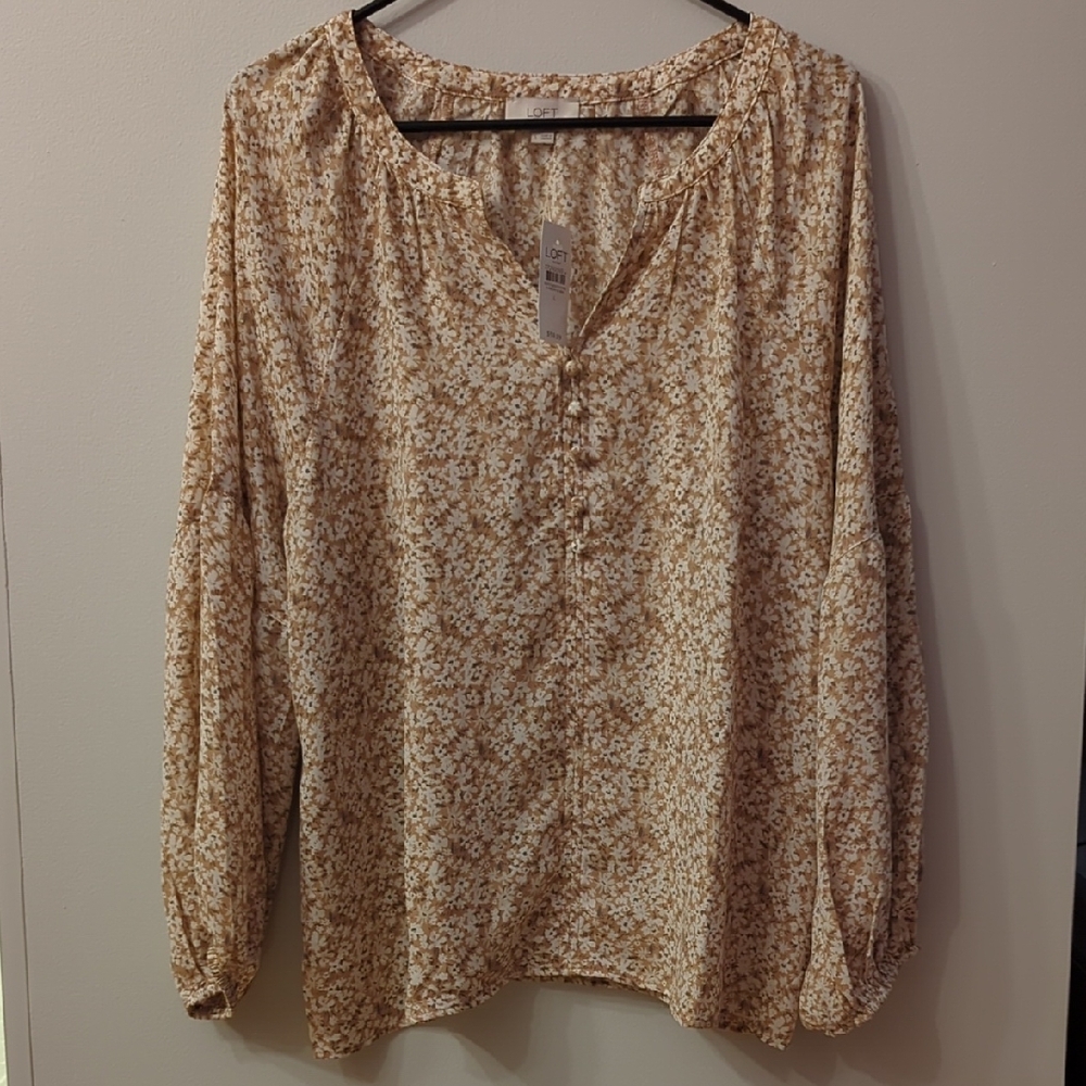 LOFT Cream and Tan Relaxed Blouse with Balloon Sleeves